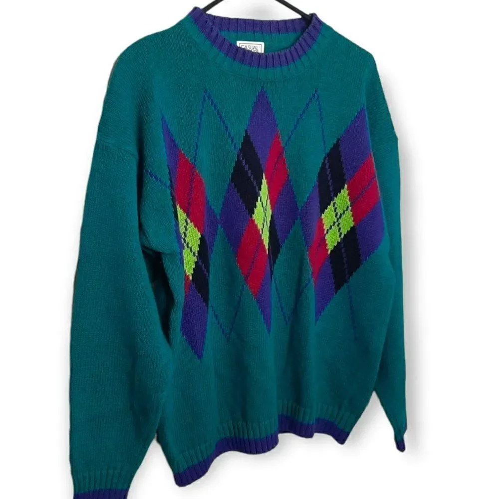 Casual Corner Vintage 80s Neon Argyle Knit Sweater